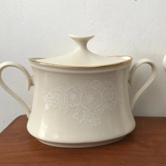 Vintage Lenox SPECIAL Etched Floral Ivory Gold Trim Creamer Sugar Bowl Set USA - Picture 4 of 7